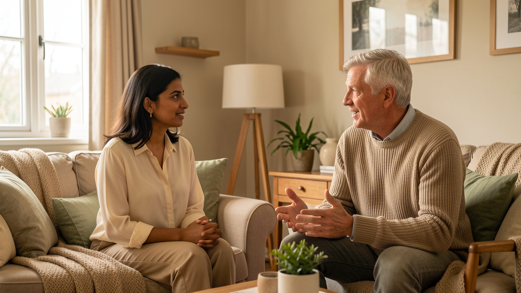 Counsellor listening to a client in a warm home setting